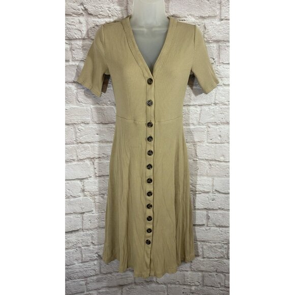 NWOT Ann Taylor Camel Tan Ribbed Button Front Stretch Midi Dress SP Small Petite - Picture 1 of 8